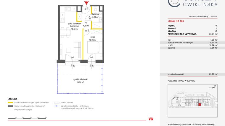 Rzut - Mieszkanie na sprzedaż 2 pokoje o powierzchni 37,95 m² - numer 105 w Concept Ćwiklińska