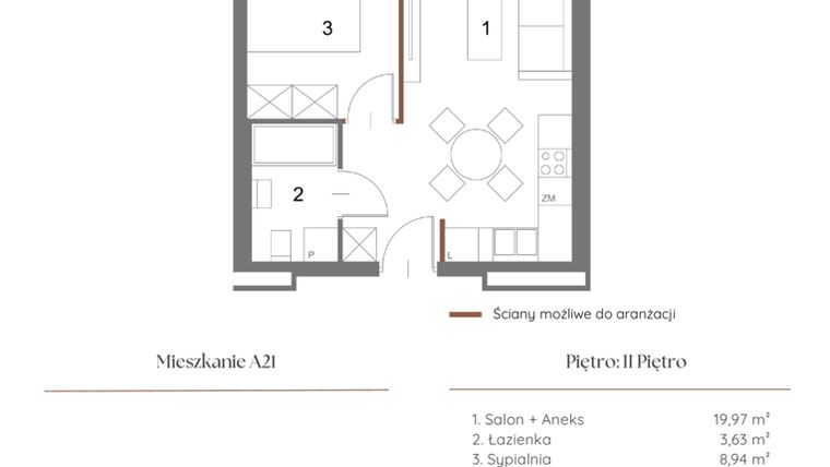 Rzut - Mieszkanie na sprzedaż 1 pokój o powierzchni 33,1 m² - numer A21 w Dąbrowskiego 9