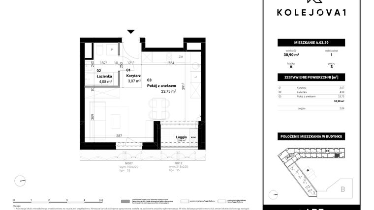 Rzut - Mieszkanie na sprzedaż 1 pokój o powierzchni 30,9 m² - numer A-03-29 w Kolejova 1
