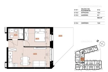 Rzut - Mieszkanie na sprzedaż 2 pokoje o powierzchni 35,3 m² - numer 013 w Szczecińska 20