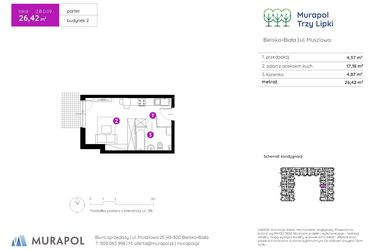 Rzut - Mieszkanie na sprzedaż 1 pokój o powierzchni 26,42 m² - numer 2.B.0.09 w Murapol Trzy Lipki etap II
