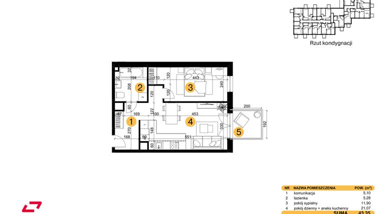 Rzut - Mieszkanie na sprzedaż 2 pokoje o powierzchni 43,35 m² - numer M23 w Punkt Wola