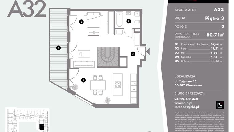 Rzut - Mieszkanie na sprzedaż 1 pokój o powierzchni 80,71 m² - numer A32 w Livo