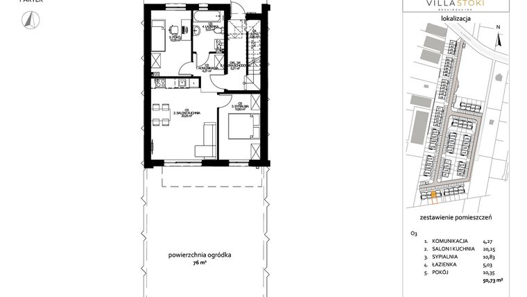 Rzut - Mieszkanie na sprzedaż 3 pokoje o powierzchni 50,73 m² - numer O3 w Villa Stoki (mieszkania)