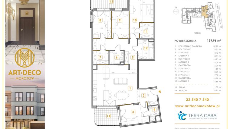 Rzut - Mieszkanie na sprzedaż 5 pokoi o powierzchni 139,96 m² - numer M05 w Art Deco Mokotów Pola
