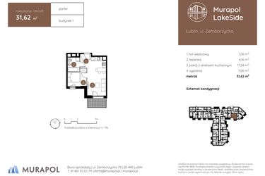 Rzut - Mieszkanie na sprzedaż 2 pokoje o powierzchni 31,62 m² - numer 1.A.0.03 w Murapol LakeSide