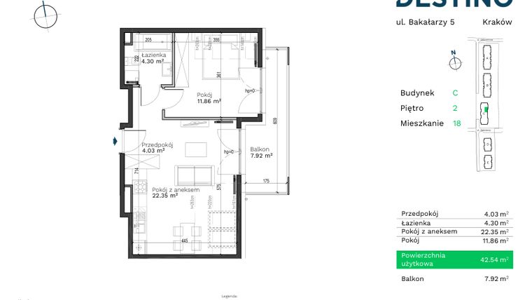 Rzut - Mieszkanie na sprzedaż 2 pokoje o powierzchni 42,54 m² - numer C-18 w Destino