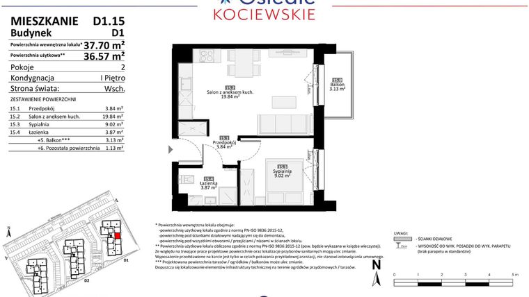 Rzut - Mieszkanie na sprzedaż 2 pokoje o powierzchni 36,57 m² - numer D1.15 w Osiedle Kociewskie etap III