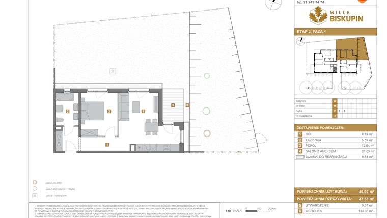 Rzut - Mieszkanie na sprzedaż 2 pokoje o powierzchni 46,97 m² - numer U2 w Wille Biskupin Etap 2.1