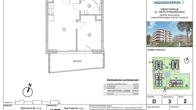 Rzut - Mieszkanie na sprzedaż 2 pokoje o powierzchni 34,27 m² - numer D3.02 w Aquamarina 3