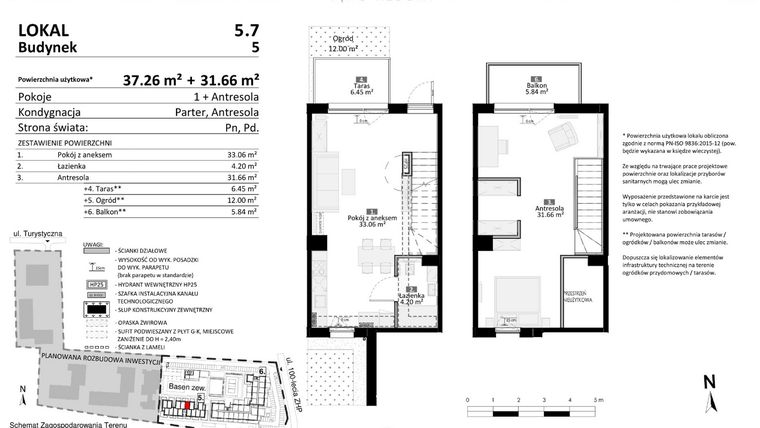 Rzut - Mieszkanie na sprzedaż 2 pokoje o powierzchni 68,92 m² - numer 5.07 w Pino Resort