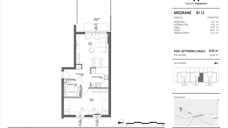 Rzut - Mieszkanie na sprzedaż 2 pokoje o powierzchni 52,83 m² - numer B1.12 w Tarasy Wierzycy