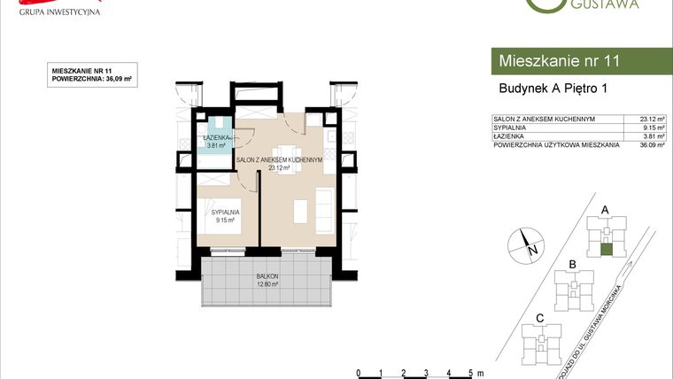 Rzut - Mieszkanie na sprzedaż 2 pokoje o powierzchni 36,09 m² - numer A11 w Wzgórze Gustawa