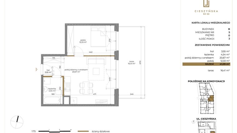 Rzut - Mieszkanie na sprzedaż 2 pokoje o powierzchni 40,93 m² - numer B-5 w Cieszyńska 9 budynek B i C
