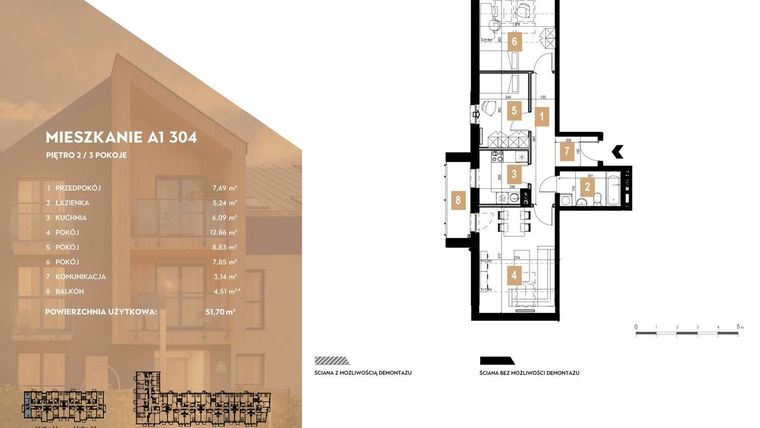 Rzut - Mieszkanie na sprzedaż 3 pokoje o powierzchni 51,7 m² - numer A1.304 w MOTTO Wojnów