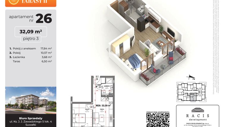 Rzut - Mieszkanie na sprzedaż 2 pokoje o powierzchni 32,09 m² - numer 26 w Słoneczne Tarasy II