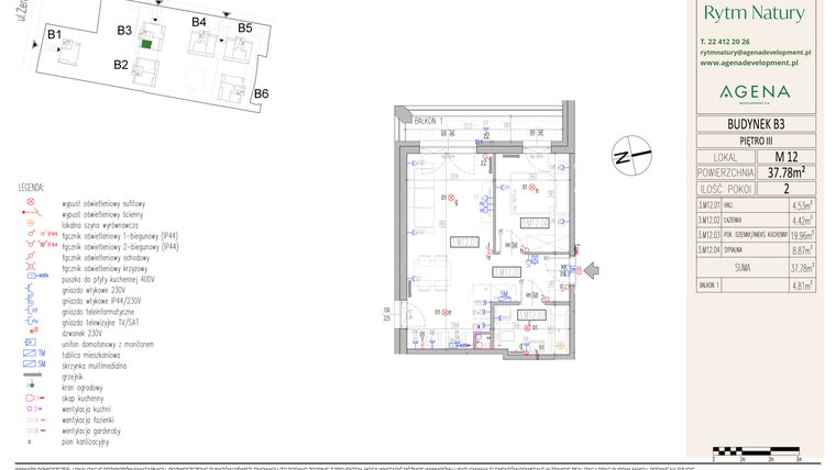 Rzut - Mieszkanie na sprzedaż 2 pokoje o powierzchni 37,78 m² - numer B3M12 w Rytm Natury
