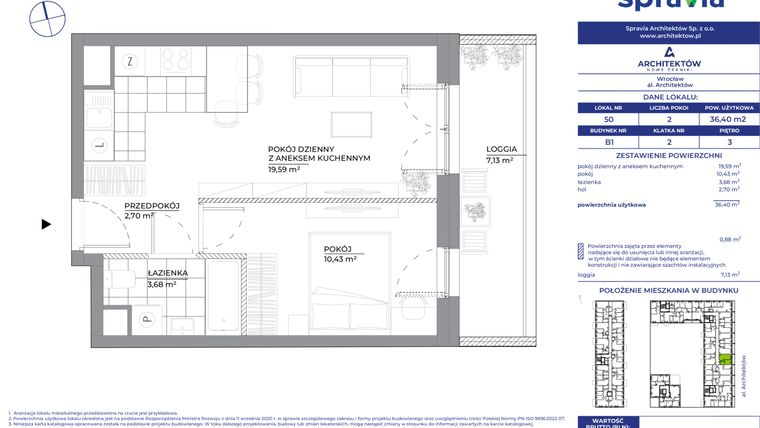 Rzut - Mieszkanie na sprzedaż 2 pokoje o powierzchni 36,4 m² - numer B1_50 w Architektów