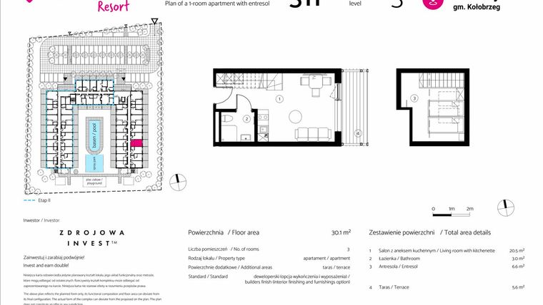 Rzut - Mieszkanie na sprzedaż 1 pokój o powierzchni 30,1 m² - numer 311 w VacationClub Resort