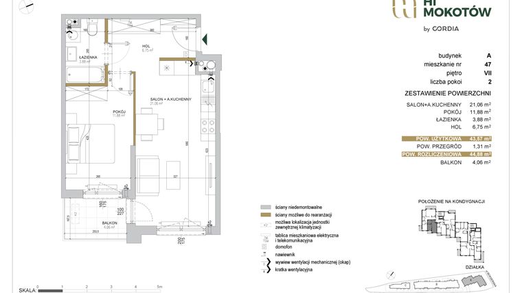 Rzut - Mieszkanie na sprzedaż 2 pokoje o powierzchni 43,49 m² - numer A1.A.47 w Hi Mokotów