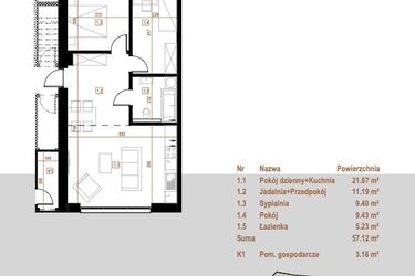 Rzut - Mieszkanie na sprzedaż 4 pokoje o powierzchni 57,12 m² - numer 4.1 w Osiedle Dębowe
