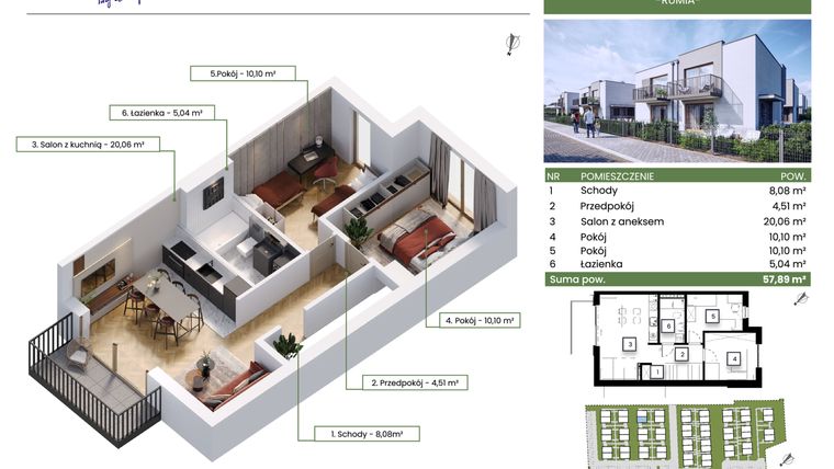 Rzut - Mieszkanie na sprzedaż 3 pokoje o powierzchni 57,89 m² - numer 14A w Rumia Osiedle Zielone Zacisze