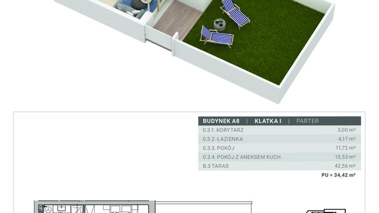 Rzut - Mieszkanie na sprzedaż 2 pokoje o powierzchni 34,42 m² - numer A.8.M3 w Sobola Biel A8