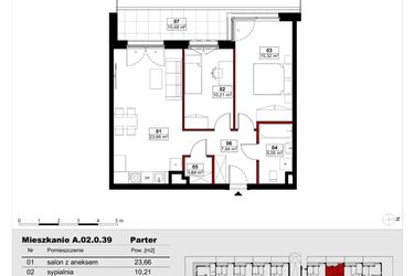 Rzut - Mieszkanie na sprzedaż 3 pokoje o powierzchni 63,88 m² - numer A02.0.39 w Skwer Witosa