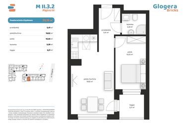 Rzut - Mieszkanie na sprzedaż 2 pokoje o powierzchni 39,16 m² - numer M II.3.2 w Glogera Bricks
