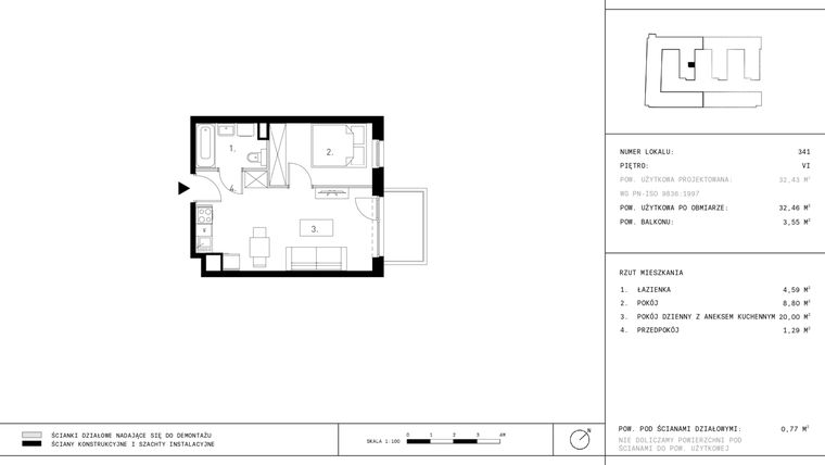 Rzut - Mieszkanie na sprzedaż 2 pokoje o powierzchni 32,46 m² - numer 6.A30-341 w Jurowiecka 22