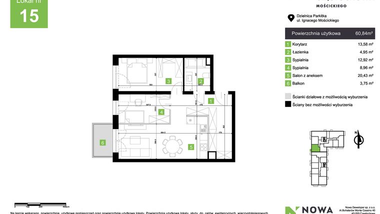 Rzut - Mieszkanie na sprzedaż 3 pokoje o powierzchni 60,84 m² - numer M15 w Nowa Częstochowa Mościckiego