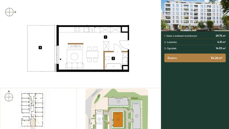 Rzut - Mieszkanie na sprzedaż 1 pokój o powierzchni 34,26 m² - numer B2.0.01 w Wierzbowa 20