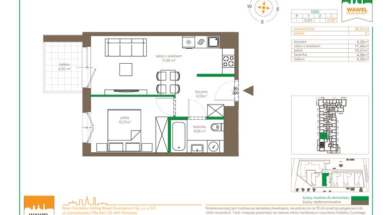 Rzut - Mieszkanie na sprzedaż 2 pokoje o powierzchni 36,03 m² - numer C/47 w Ostródzka 123 - I etap