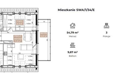 Rzut - Mieszkanie na sprzedaż 3 pokoje o powierzchni 53,8 m² - numer SWA/1/34/E w Apartamenty Świeradowska