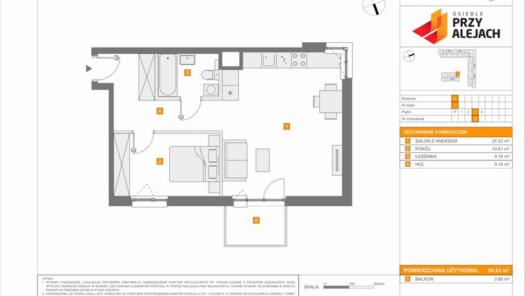 Rzut - Mieszkanie na sprzedaż 2 pokoje o powierzchni 50,93 m² - numer C27 w Osiedle Przy Alejach etap 2