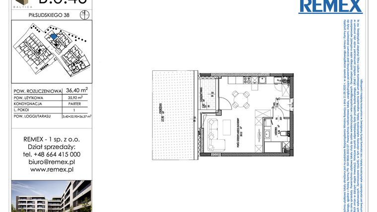 Rzut - Mieszkanie na sprzedaż 1 pokój o powierzchni 36,4 m² - numer B.0.46 w Osiedle BALTICA