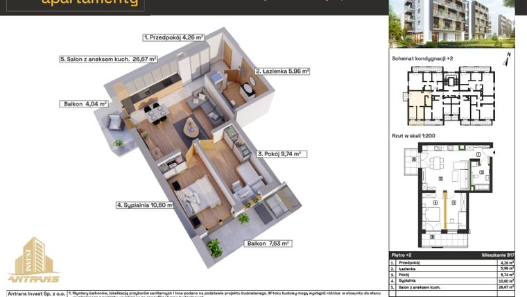 Rzut - Mieszkanie na sprzedaż 3 pokoje o powierzchni 58,5 m² - numer B17 w Osiedle Wełnowe Apartamenty