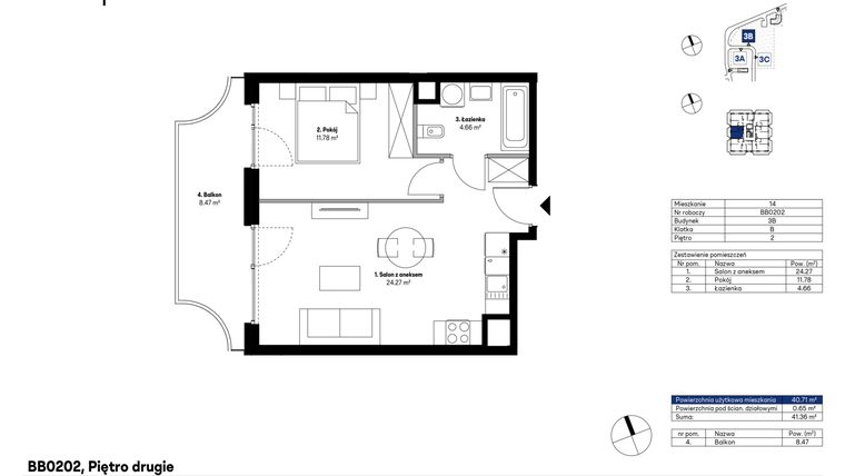 Rzut - Mieszkanie na sprzedaż 2 pokoje o powierzchni 40,71 m² - numer BB0202 w NU3 Warszawa Wola