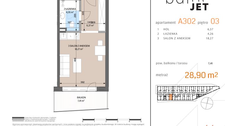 Rzut - Mieszkanie na sprzedaż 1 pokój o powierzchni 29,02 m² - numer A302 w Baltic Jet