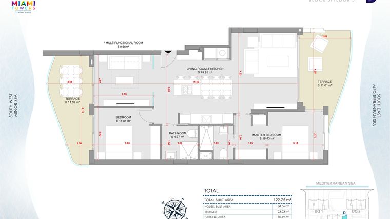Rzut - Mieszkanie na sprzedaż 3 pokoje o powierzchni 122,75 m² - numer P3-BL3-D w Miami Towers