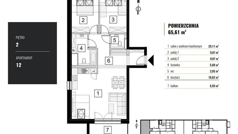 Rzut - Mieszkanie na sprzedaż 3 pokoje o powierzchni 65,61 m² - numer M.12 w Zielony Horyzont II