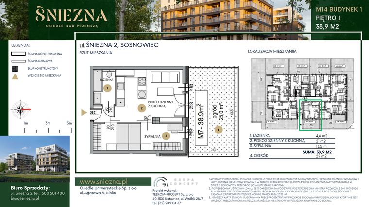 Rzut - Mieszkanie na sprzedaż 2 pokoje o powierzchni 38,9 m² - numer A7 w Śnieżna - Osiedle nad Przemszą