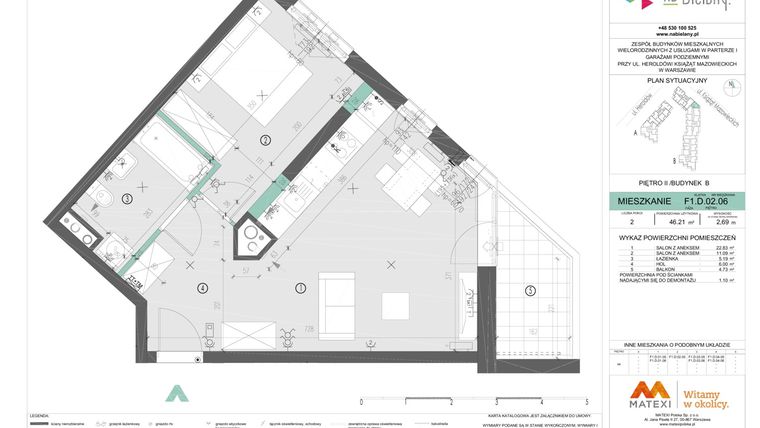 Rzut - Mieszkanie na sprzedaż 2 pokoje o powierzchni 46,35 m² - numer F1.D.02.06 w Na Bielany!
