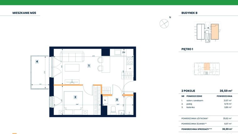 Rzut - Mieszkanie na sprzedaż 2 pokoje o powierzchni 36,59 m² - numer M26 w Reneta
