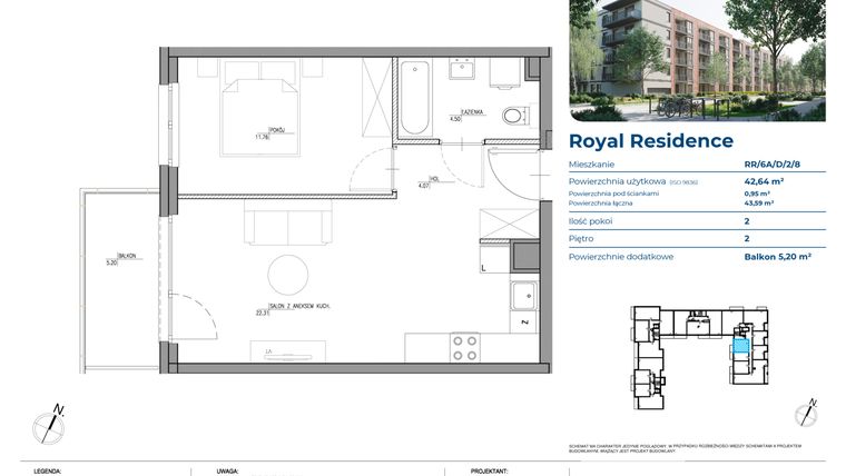 Rzut - Mieszkanie na sprzedaż 2 pokoje o powierzchni 42,64 m² - numer RR/6A/D/2/8 w Royal Residence 6A