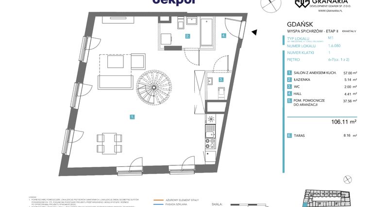 Rzut - Mieszkanie na sprzedaż 1 pokój o powierzchni 106,11 m² - numer 1.6.080 w Granaria