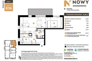 Rzut - Mieszkanie na sprzedaż 3 pokoje o powierzchni 56,06 m² - numer B36 w Nowy Sosnowiec