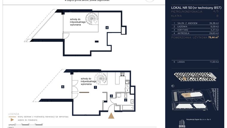 Rzut - Mieszkanie na sprzedaż 3 pokoje o powierzchni 79,44 m² - numer B57 w Rezydencja Zegrze etap II