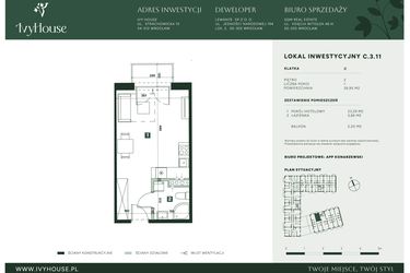 Rzut - Mieszkanie na sprzedaż 1 pokój o powierzchni 26,95 m² - numer C.3.11 w IVY HOUSE - Apartamenty inwestycyjne