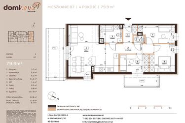 Rzut - Mieszkanie na sprzedaż 4 pokoje o powierzchni 79,9 m² - numer B7 w Domkove Widzew